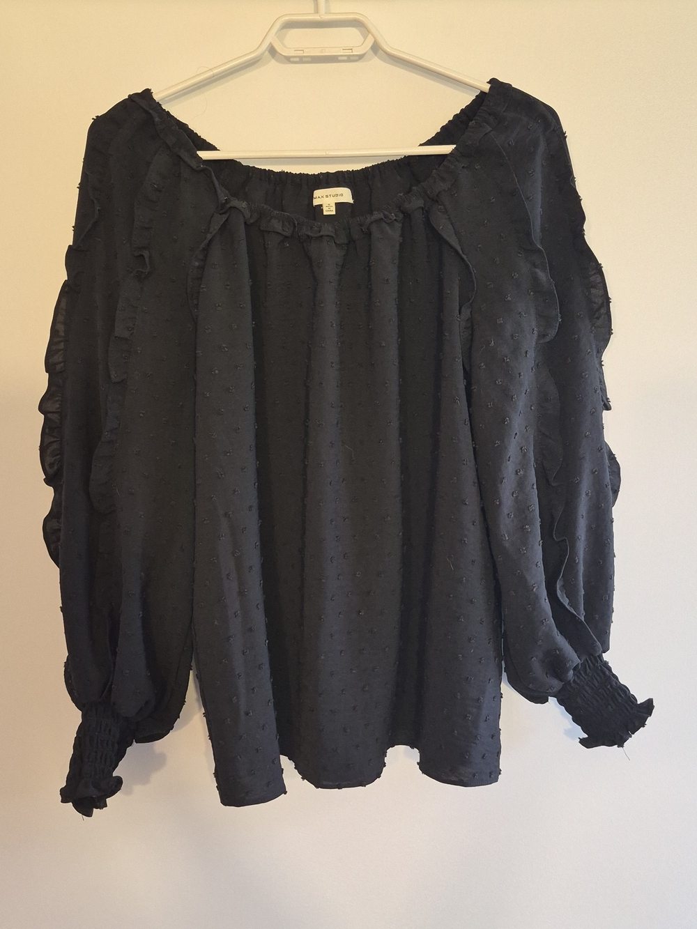 Max Studio Black Swiss Dot Off-Shoulder Long Sleeve Blouse